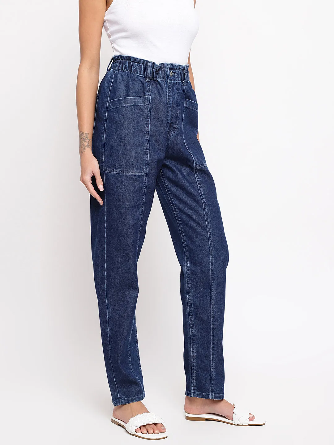 Women Blue Paperbag Mom Fit Jeans