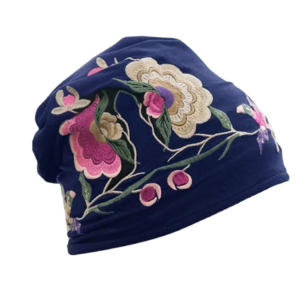 Womens Breathable Cotton Beanie Hat with Floral Embroidery and Ethnic Print Turban Style Cap