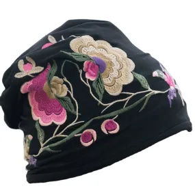 Womens Breathable Cotton Beanie Hat with Floral Embroidery and Ethnic Print Turban Style Cap