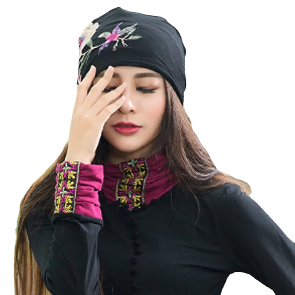 Womens Breathable Cotton Beanie Hat with Floral Embroidery and Ethnic Print Turban Style Cap