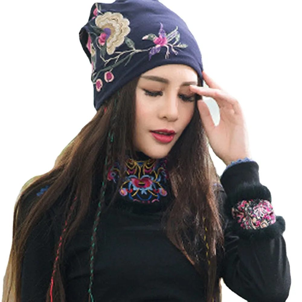 Womens Breathable Cotton Beanie Hat with Floral Embroidery and Ethnic Print Turban Style Cap