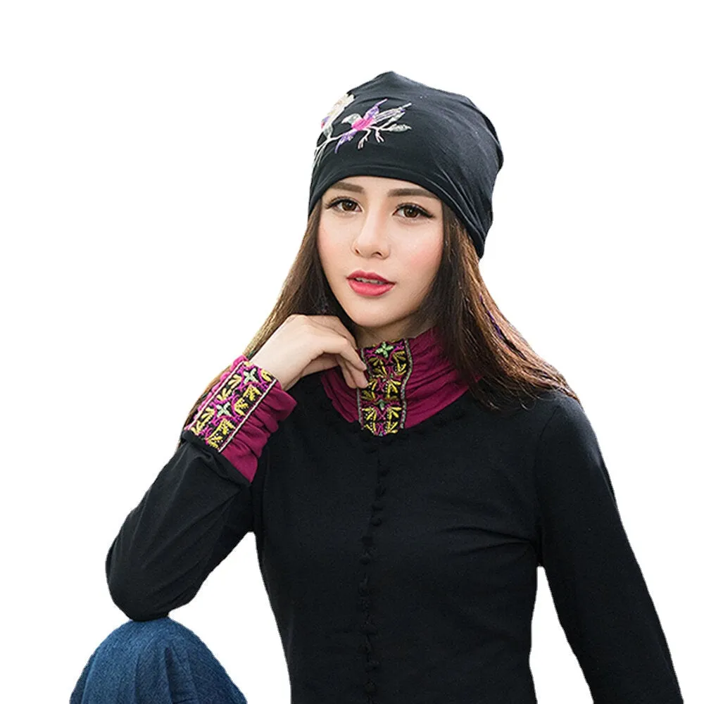 Womens Breathable Cotton Beanie Hat with Floral Embroidery and Ethnic Print Turban Style Cap