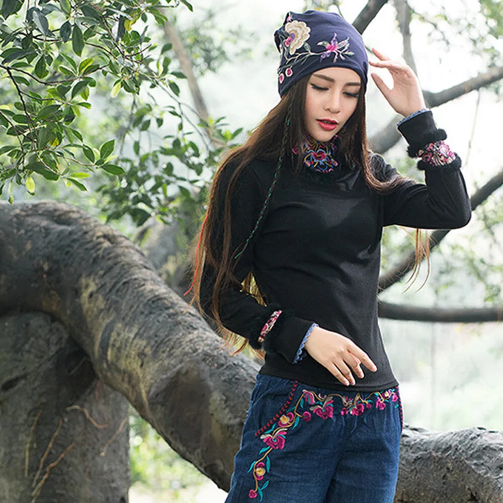 Womens Breathable Cotton Beanie Hat with Floral Embroidery and Ethnic Print Turban Style Cap