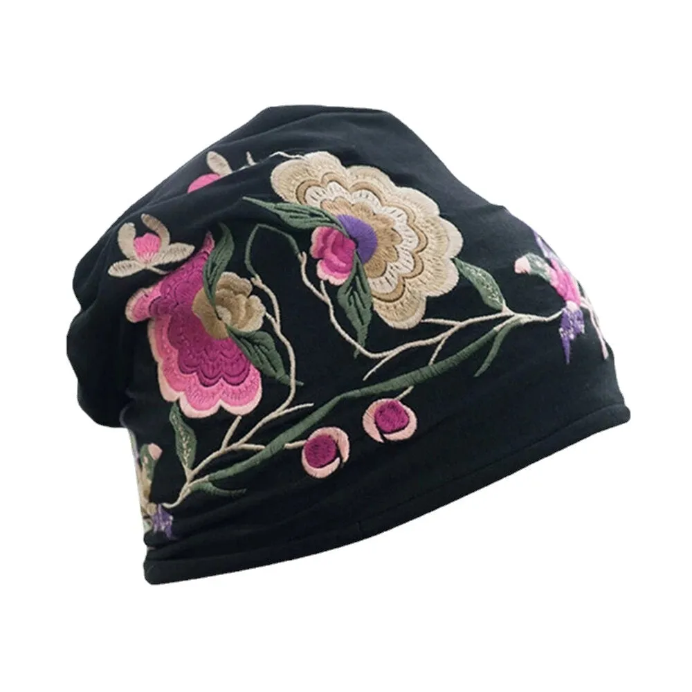 Womens Breathable Cotton Beanie Hat with Floral Embroidery and Ethnic Print Turban Style Cap