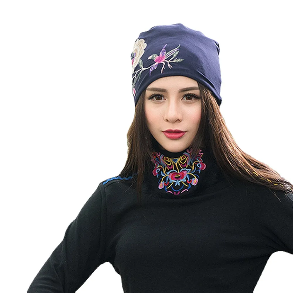 Womens Breathable Cotton Beanie Hat with Floral Embroidery and Ethnic Print Turban Style Cap