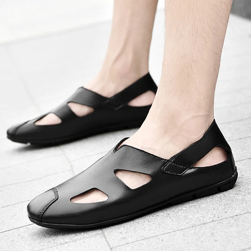 Xituodai  See Genuine Leather Mens Casual shoes Fashion Black Summer Sandals Breathable Lightweight Outdoor Loafers Plus Size36-47